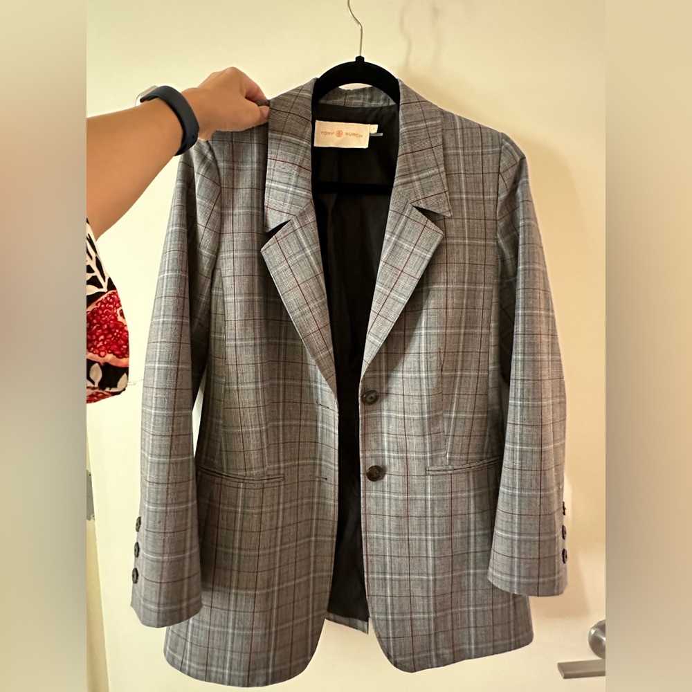 Tory Burch wool blend gray checkered blazer, size 2